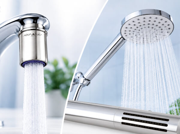 AquaClic-Strahlregler in Edelstahl am Wasserhahn, rechts: Duschbrause Prosecco und Kneipp-Konbibrause-Elegance aus Edelstahl