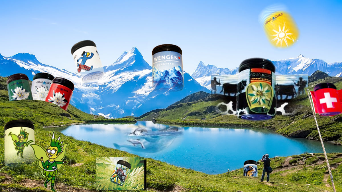 AquaClic-Wassersparer vor Schweizer See- und Bergkulisse