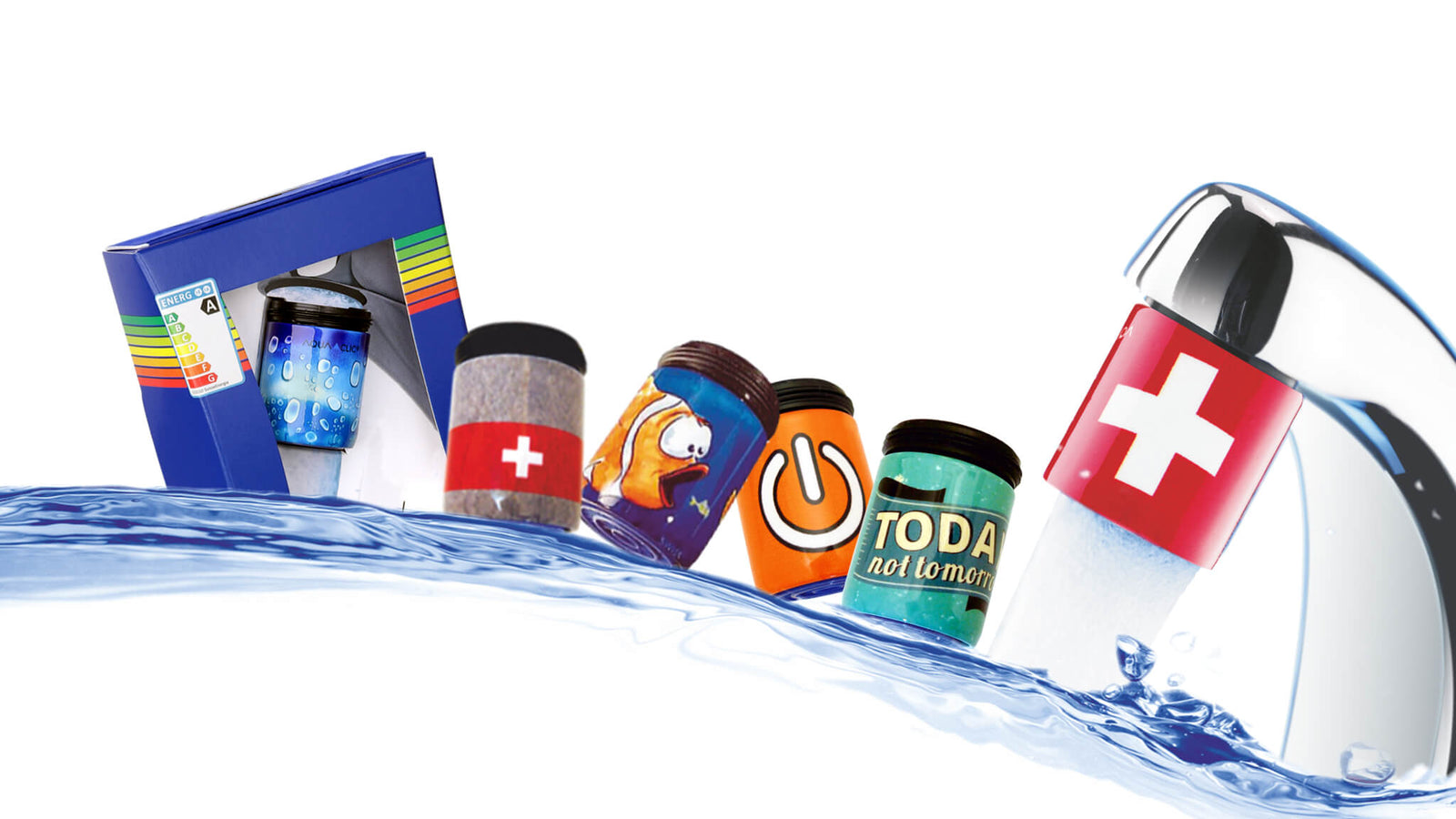 Wasserhahn mit Schweizer-Kreuz AquaClic, weiter bunte AquaClic-strahlregler der Standardkollektion