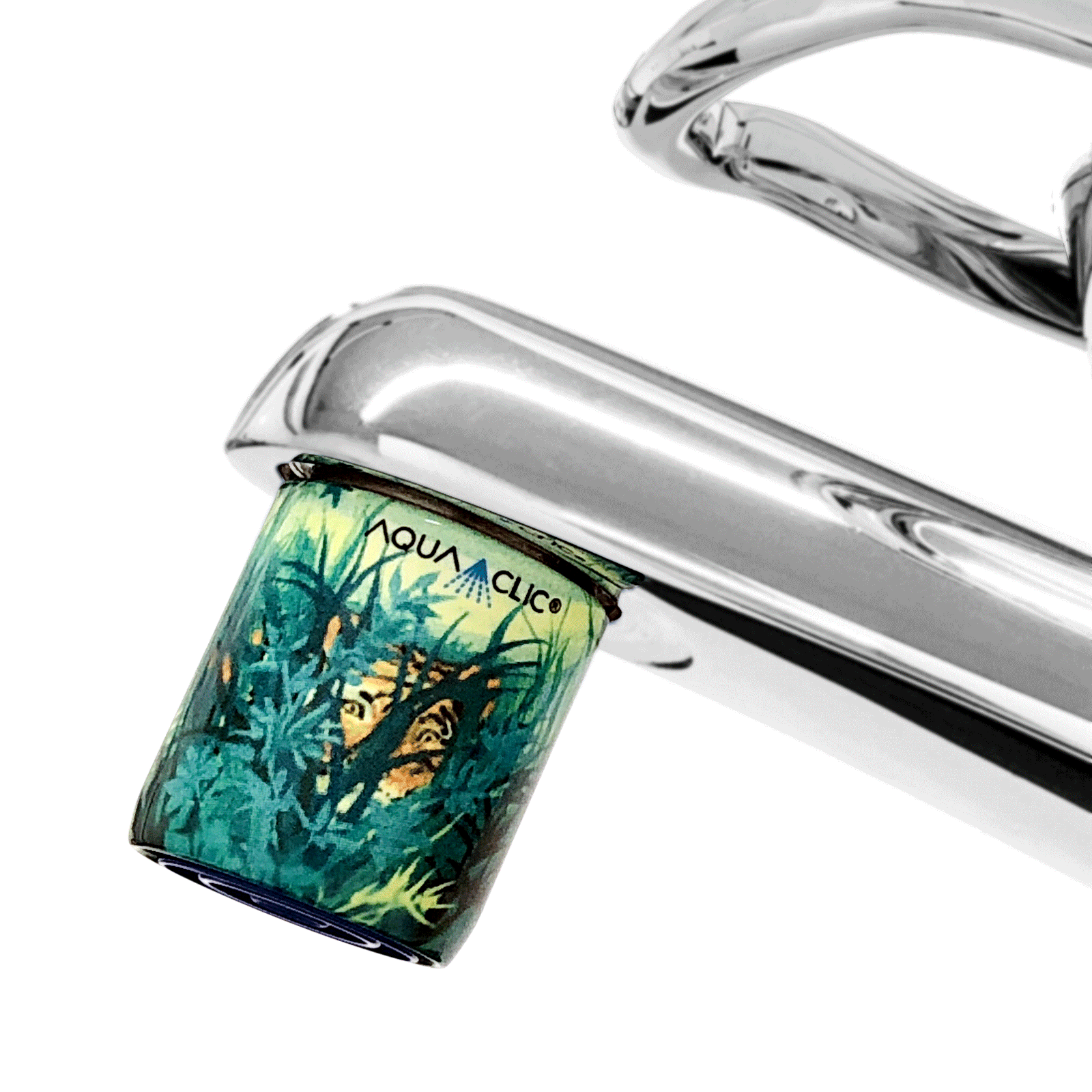 AquaClic-Durchflussmengenregler am Mystery Tiger-Design-Wasserhahn: spart Wasser und Energie und reduziert CO2-Emissionen