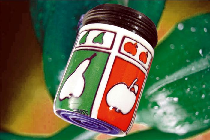 AquaClic Strahlregler Vitamines mit grafischen Obstsymbolen vor grünen Blättern als dekorative Produktaufnahme