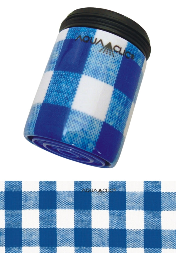 AquaClic Strahlregler Heidi + Peter mit blau-weiss kariertem Design als freigestellte Produktaufnahme