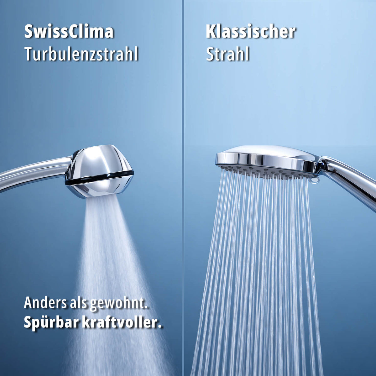 SwissClima Turbulenzstrahl im Vergleich zu klassischem Duschstrahl mit unterschiedlichem Wasserbild