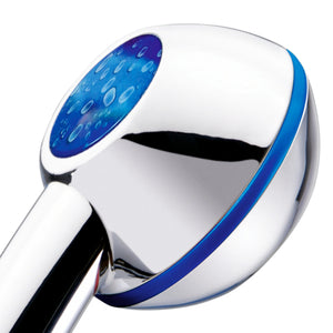 Pomme de douche sous pression SwissClima Raindrops de profil : plaque décorative avec motif de gouttes de pluie et anneau décoratif bleu