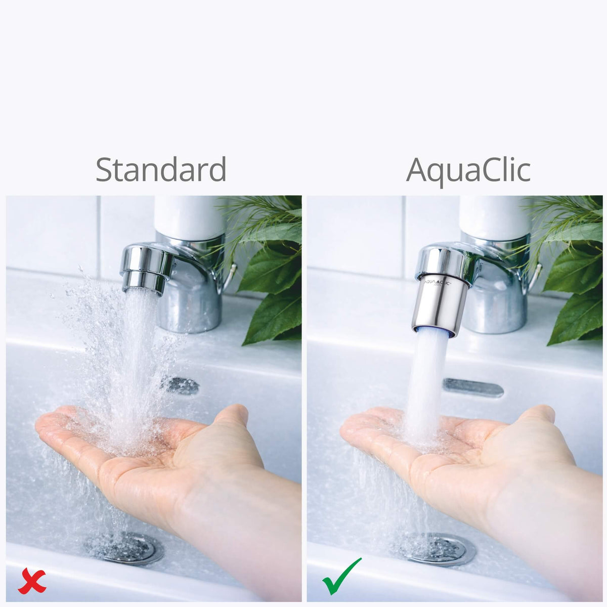 Vergleich Standard-Strahlregler vs AquaClic am Wasserhahn mit Hand darunter ruhiger spritzfreier Wasserstrahl und weniger Spritzer im Waschbecken gegenüber einem herkömmlichen Standard-Wasserhahn.