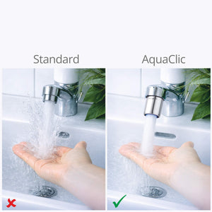Vergleich Standard-Strahlregler vs AquaClic am Wasserhahn mit Hand darunter ruhiger spritzfreier Wasserstrahl und weniger Spritzer im Waschbecken gegenüber einem herkömmlichen Standard-Wasserhahn.