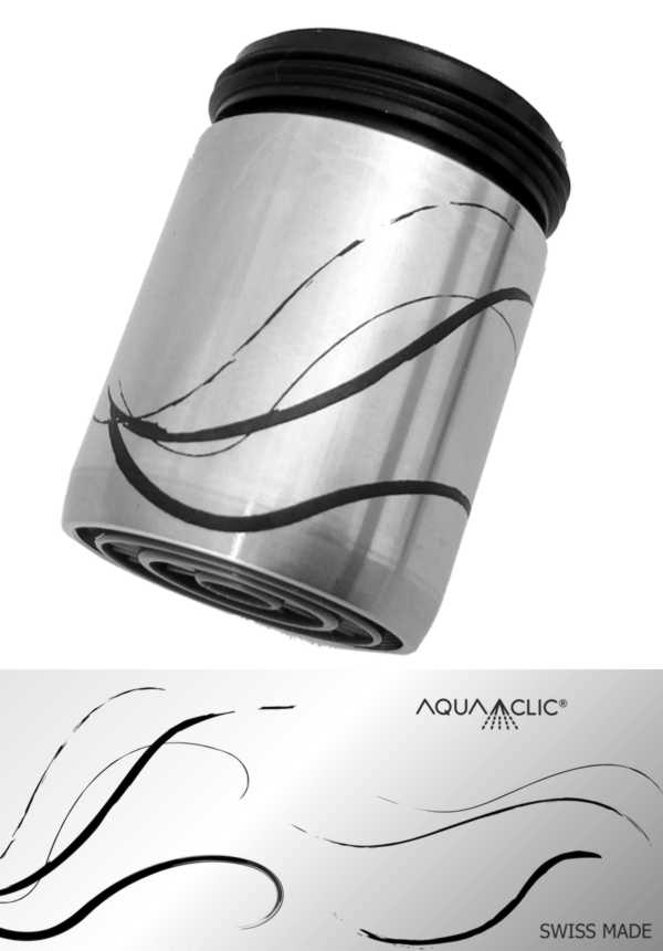 Edelstahl-Strahlregler mit Aabesque-Design zusammen mit dem Design in 2 D