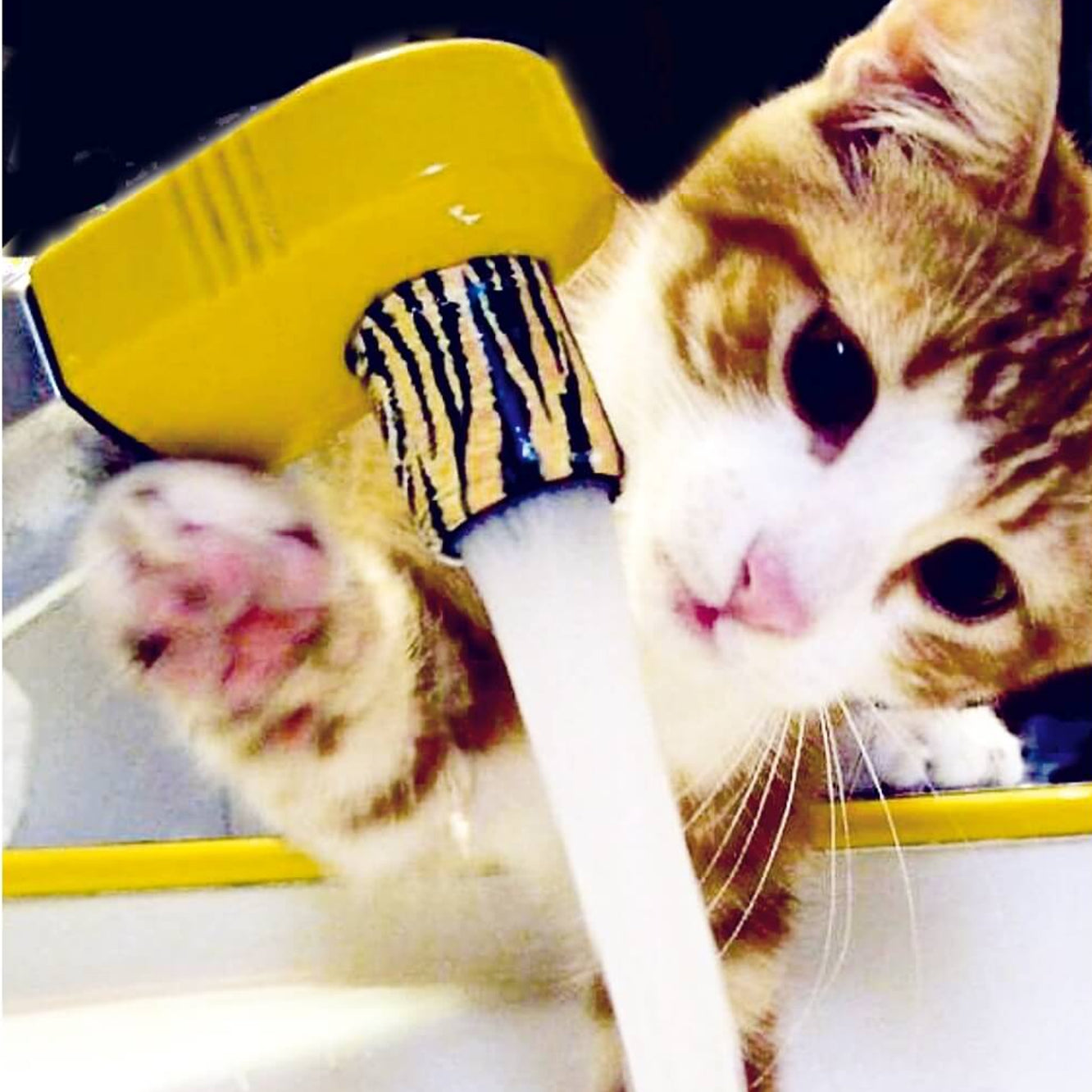 AquaClic Strahlregler mit Tiger-Design am verchromten Wasserhahn montiert