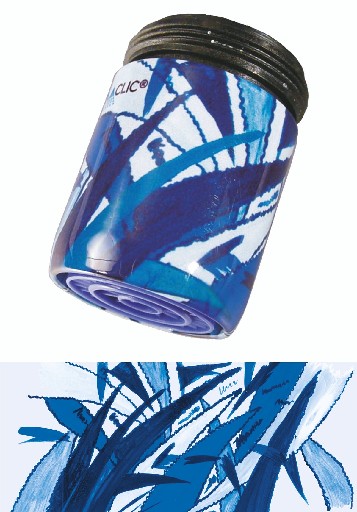 AquaClic Strahlregler Ice mit blauem Eis-Zapfen-Muster in verschiedenen Blautönen am Wasserhahn im Bad oder Gäste-Bad