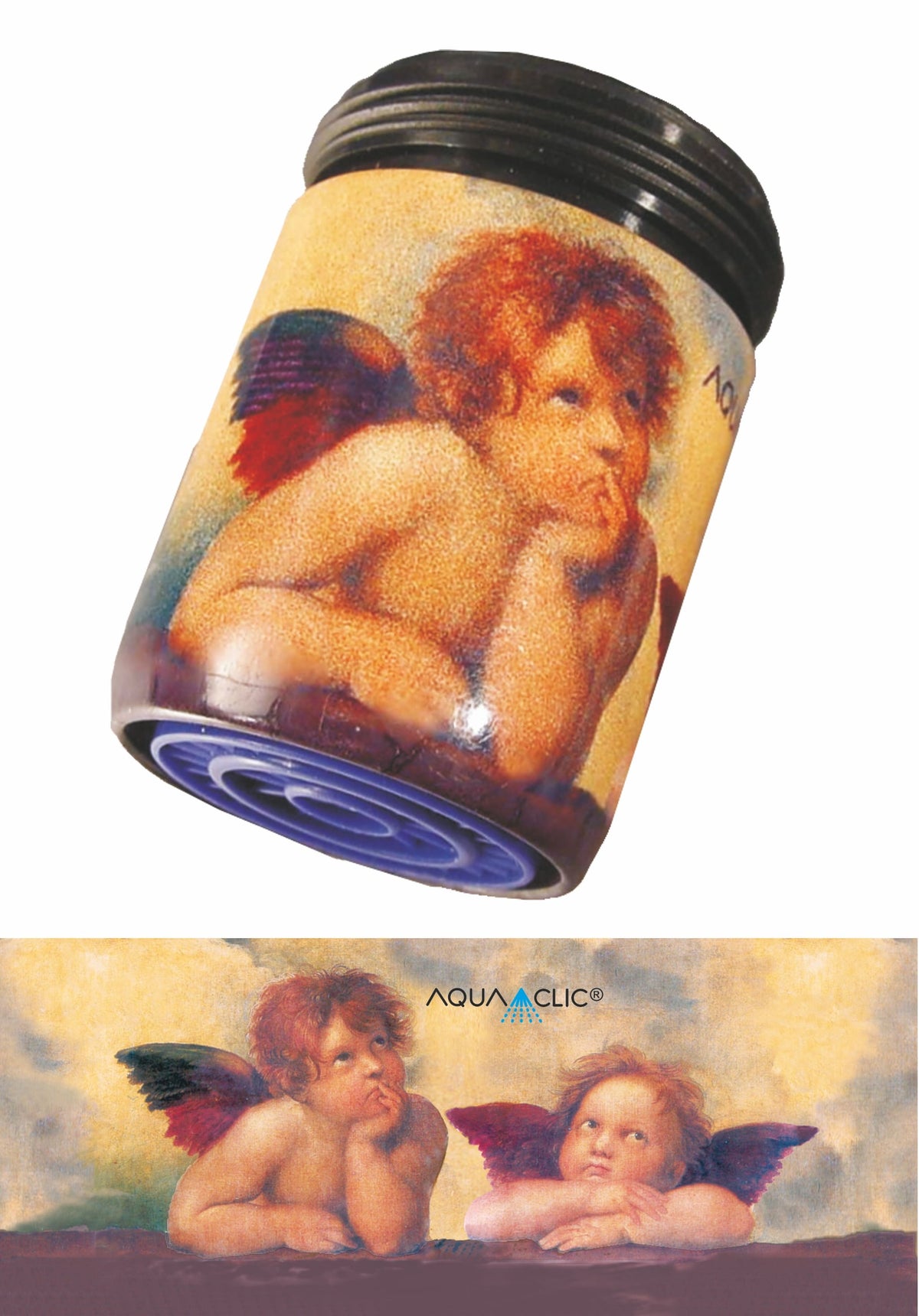 AquaClic-Strahlregler am Wasserhahn in Thinking Angels-Design senkt den Wasserverbrauch und spart Energiekosten