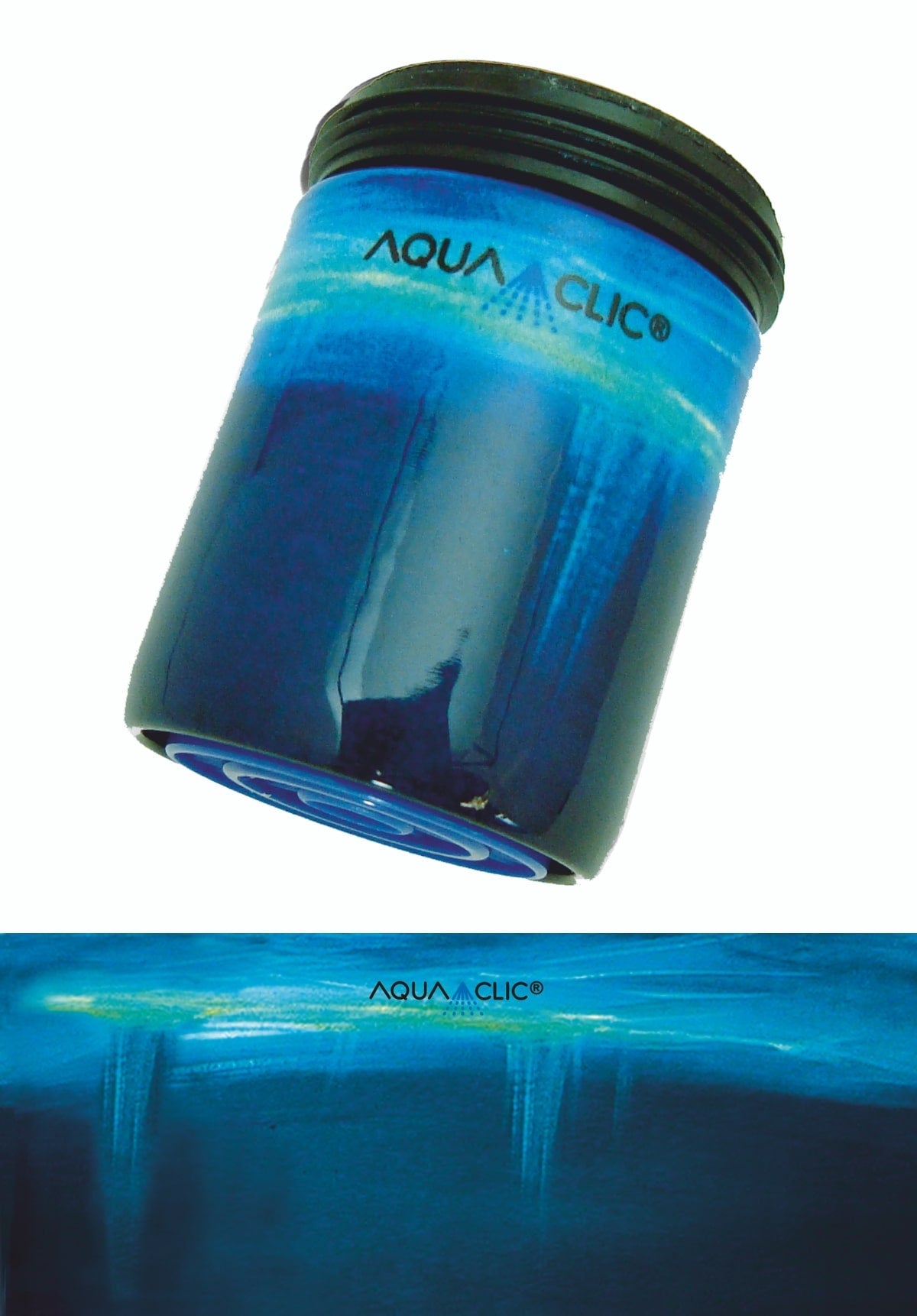 AquaClic-Wassersparer am Hahn mit Pluie sur la mer-Design vermindert Wasserverbrauch und Kosten