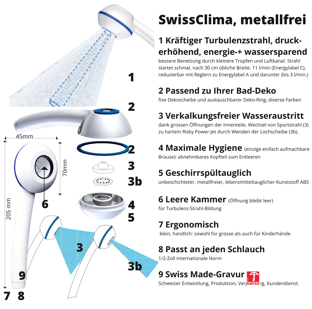 Douchette SwissClima avec tuyau flexible 175 cm, augmentation de pression, anticalcaire, étiquette énergie B-C