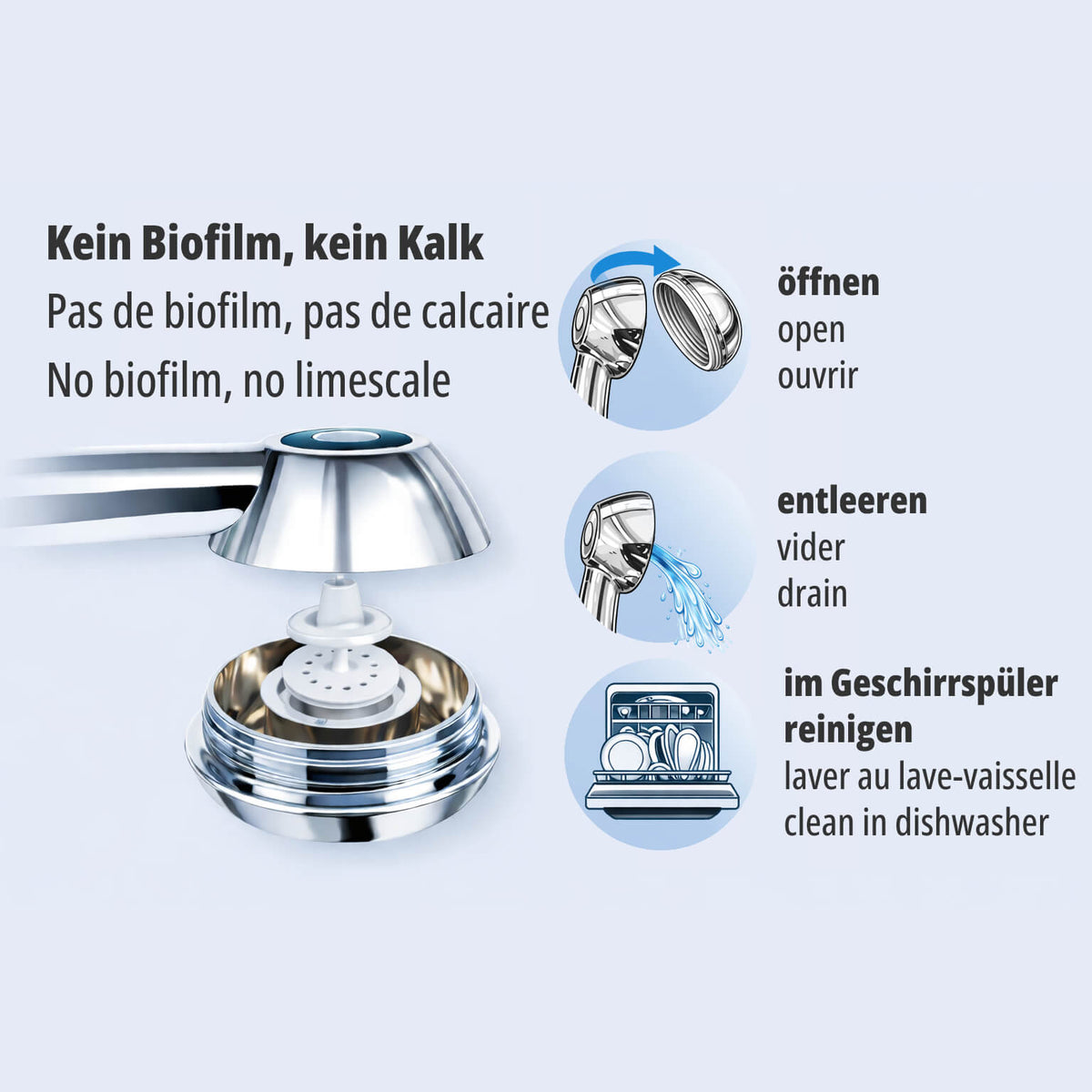 Die SwissClima verhindert Biofilm und Kalk weil Sie sie öffnen, entleeren und im Geschirrspüler reinigen können.