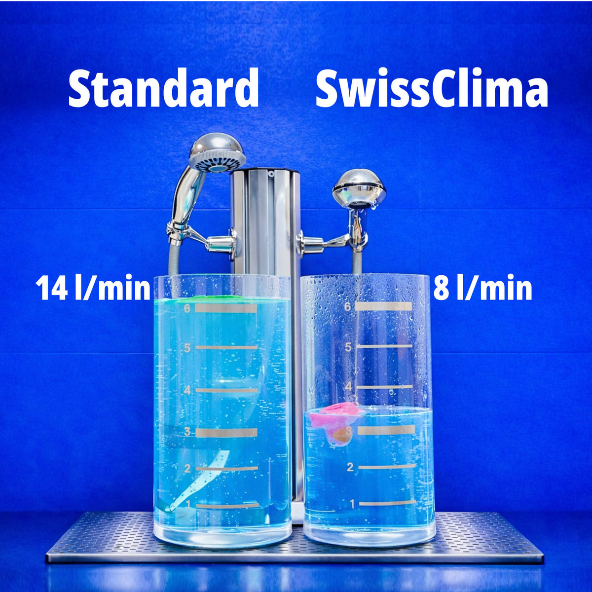 Vergleich Standard-Duschbrause 14 l/min gegenüber AquaClic SwissClima mit eingebautem, mitgelieferten 8 l/min-regler in zwei Messbehältern