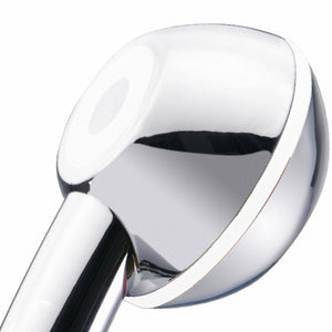 Pommeau de douche avec jet optimisé à pression renforcée Swissclima en revêtement EcoChrome respectueux de l'environnement avec éléments décoratifs blancs.