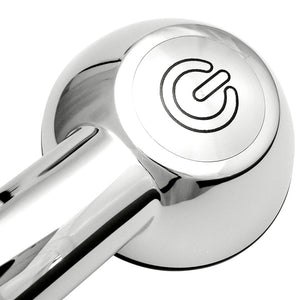 Duschkopf mit starkem Wasserfluss SwissClima mit Edelstahl-Dekoplatte im Design eines on/off-Knopfes.