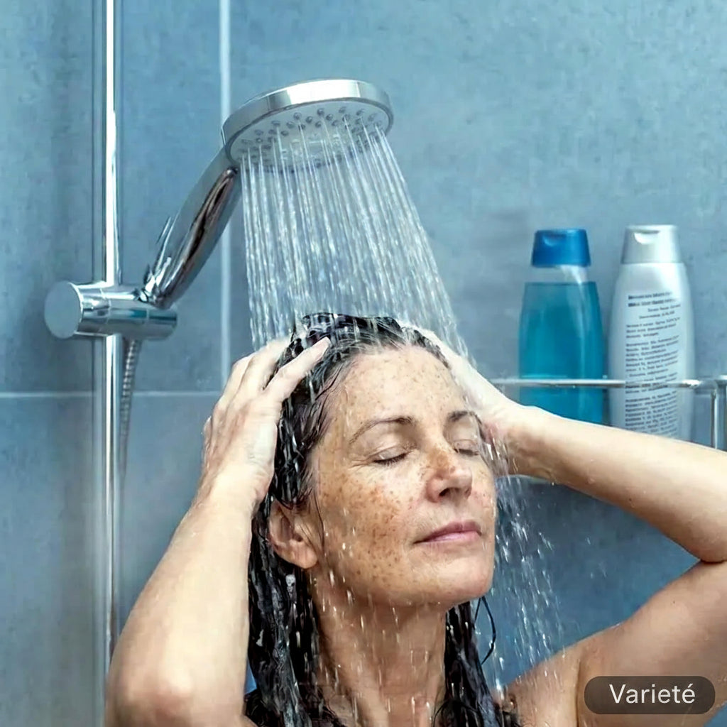 Frau mit Sommersprossen wäscht sich die Haare mit der AquaClic Variété-sparbrause