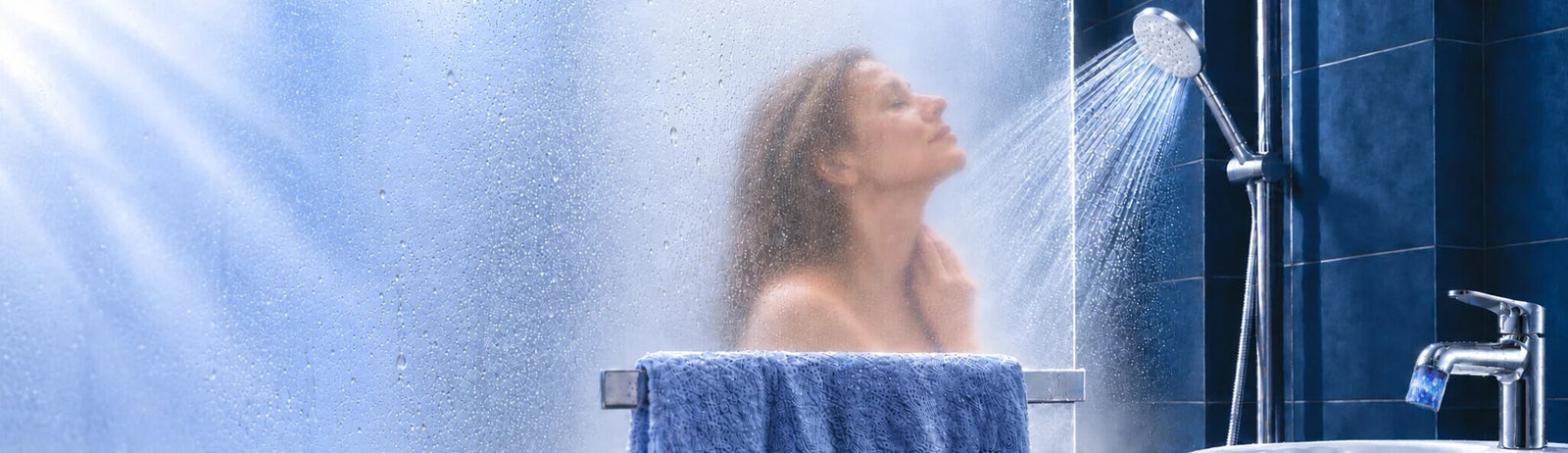 Junge Frau unter einer Wassersparbrause AquaClic-Prosecco hinter Milchlas, Aquaclic Strahlregler am Wasserhahn