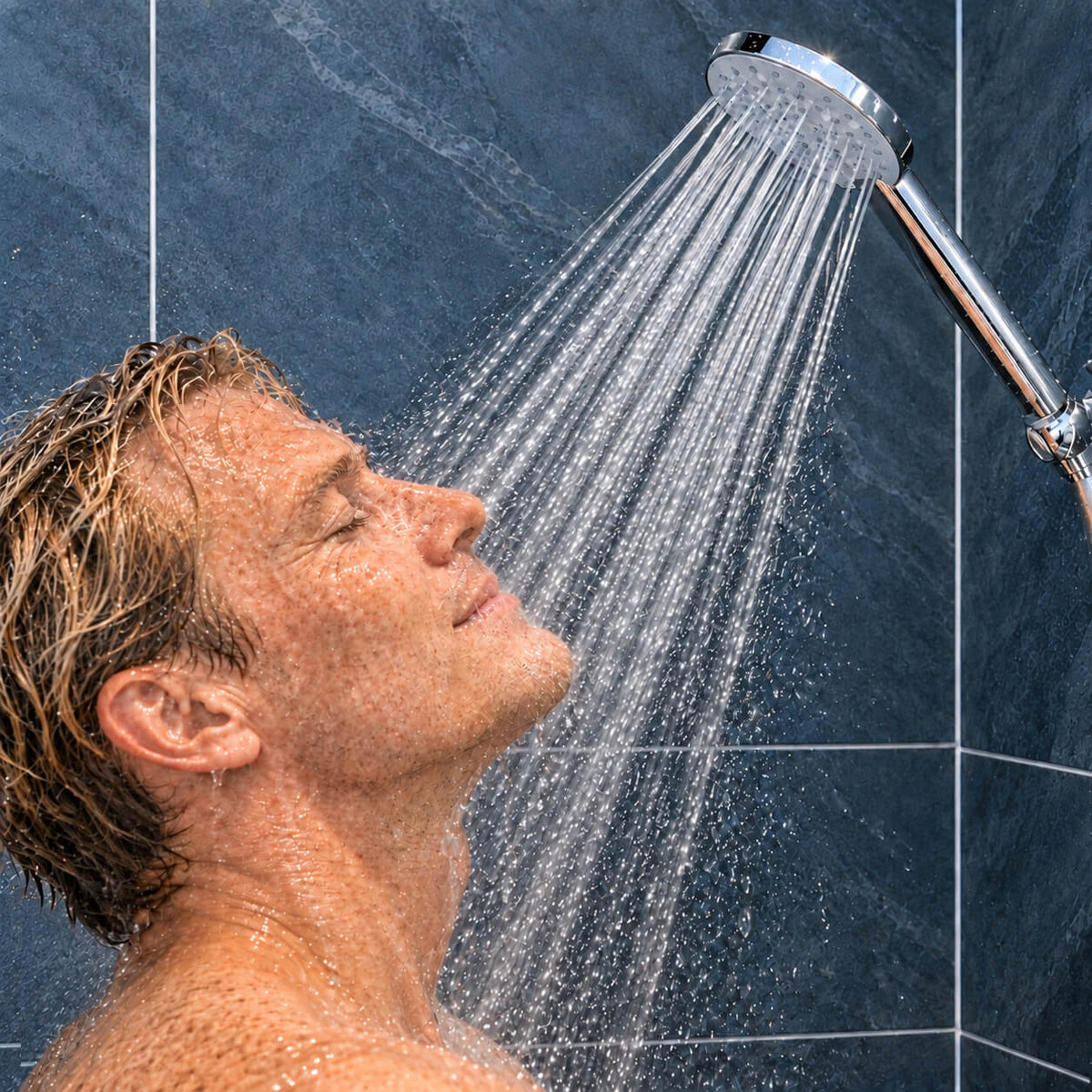 Junger Mann duscht unter vollem Wasserstrahl der Duschbrause Prosecco