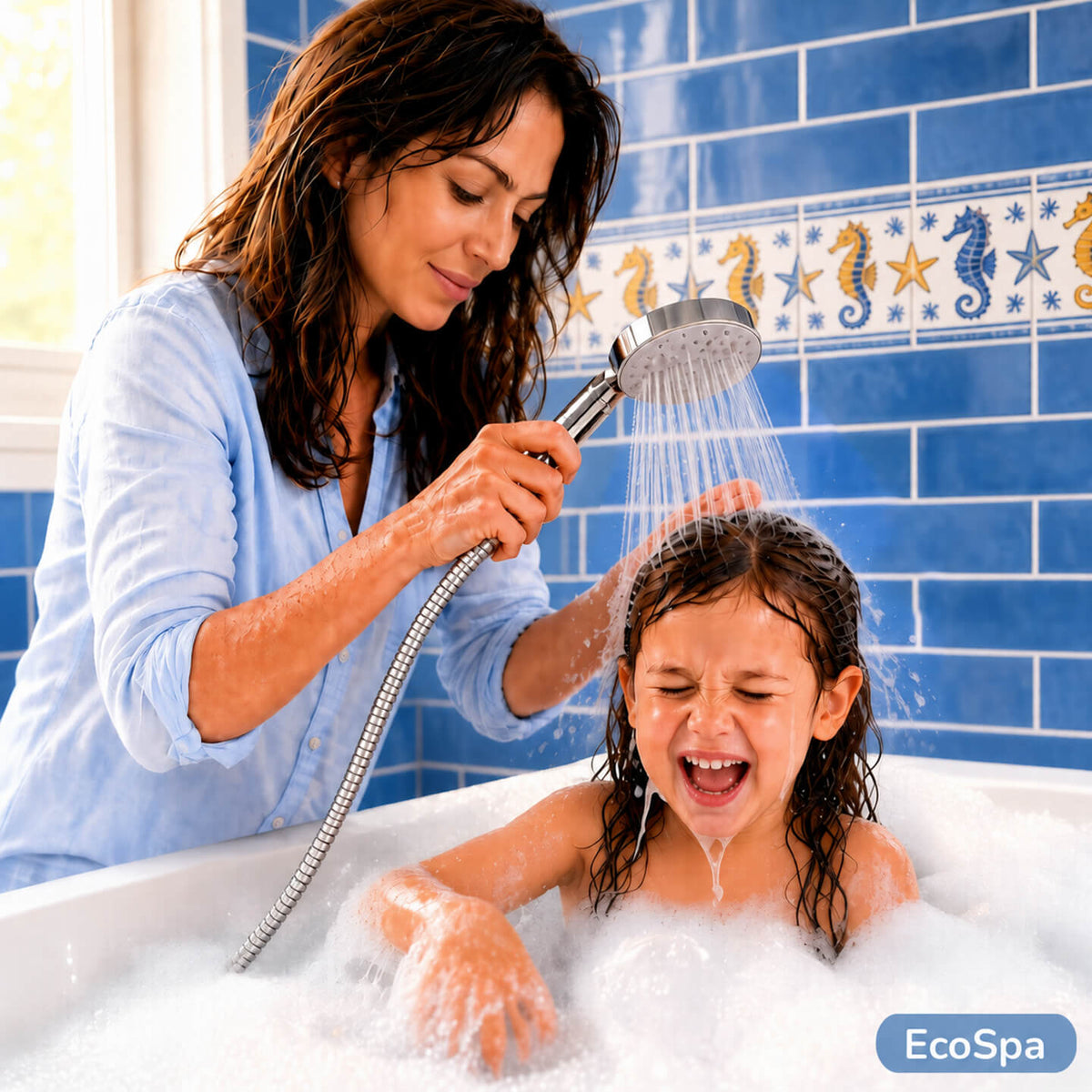 Kind in Badewanne wird von der Mutter das Haar gespült mit der Ecospa