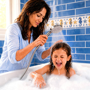 Kind in Badewanne wird von der Mutter das Haar gespült mit der Ecospa