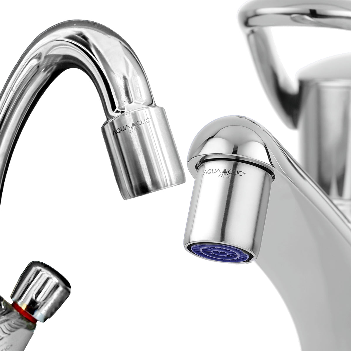 Links: Aussengewinde-Hahn mit AquaClic-Strahlregler pur ; rechts: Innengewinde-Hahn mit Aquaclic-Strahlregler Pur