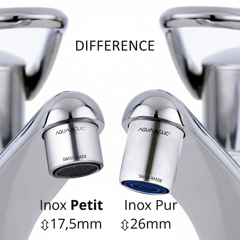 Links Wasserhahn mit AquaClic Modell PETIT, ein Drittel kleiner als AquaClic Inox Pur (rechte Seite. Gleiche Funktion, kleinere Hülse