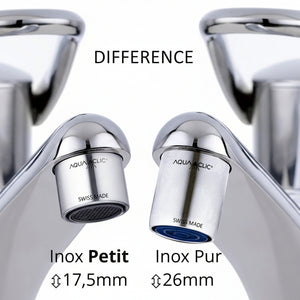 Links Wasserhahn mit AquaClic Modell PETIT, ein Drittel kleiner als AquaClic Inox Pur (rechte Seite. Gleiche Funktion, kleinere Hülse