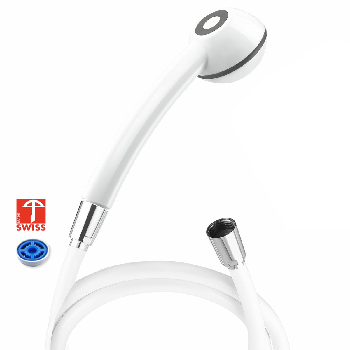 Duschkopf-Set SwissClima Eco: Sparbrause metallfrei, druckverstärkend, Energylabel B-C + Schlauch 175 cm