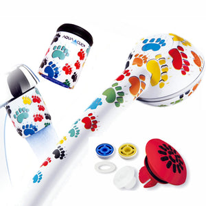 wassersparende Duschbrause SwissClima mit Softspray-Aufsatz rot, Design Tätchen mit zwei trahlreglern für den Wasserhahn im gleichen bunten Sujet