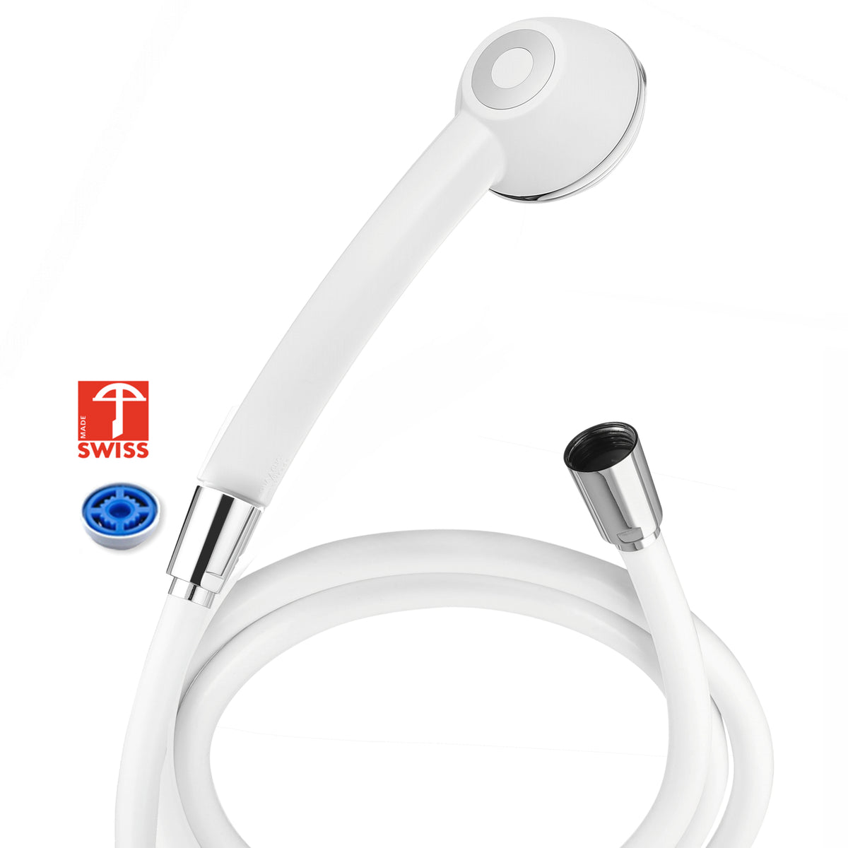 Duschkopf-Set SwissClima Eco: Sparbrause metallfrei, druckverstärkend, Energylabel B-C + Schlauch 175 cm