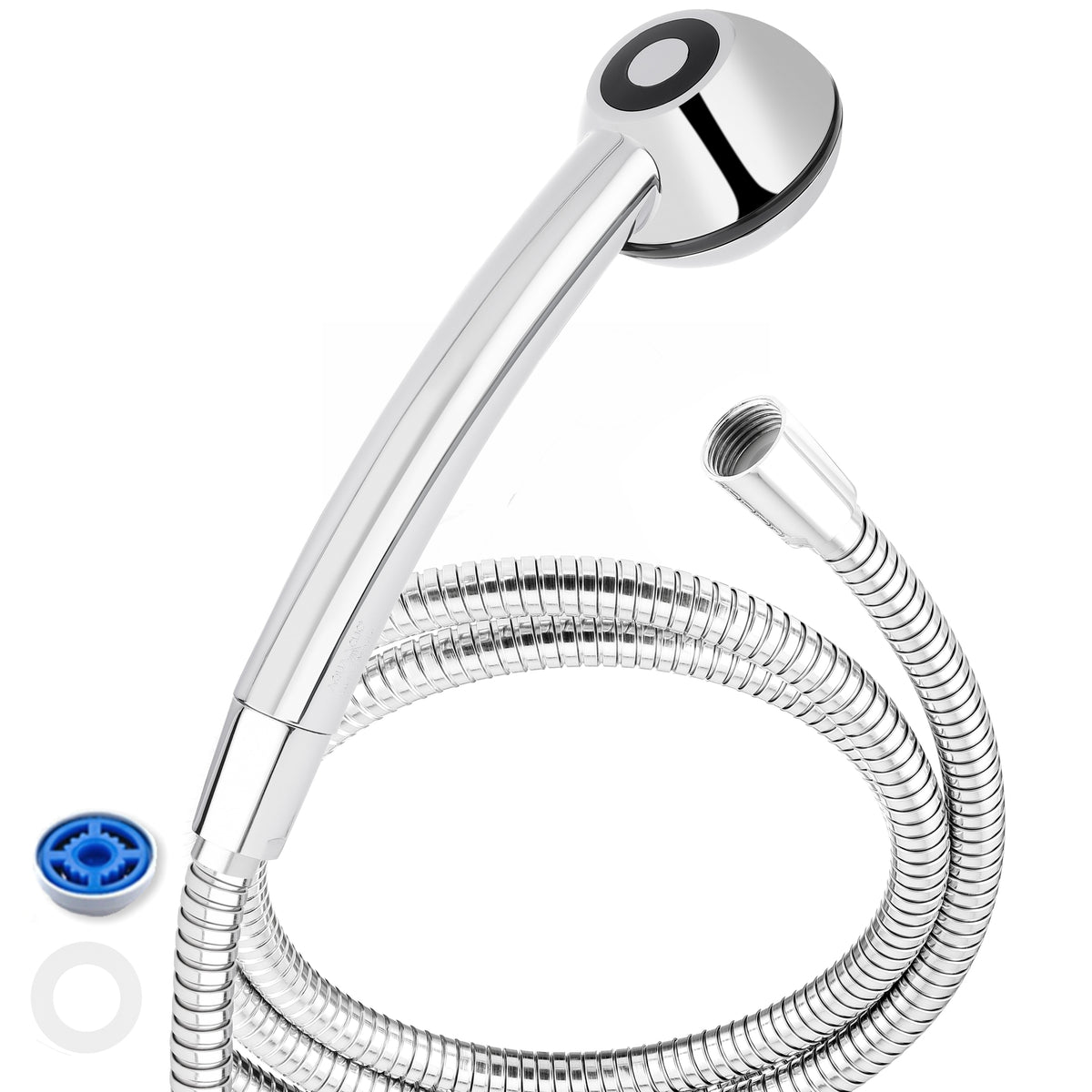 Duschkopf SwissClima mit Metallschlauch aus Edelstahl sowie Regler mit Dichtung