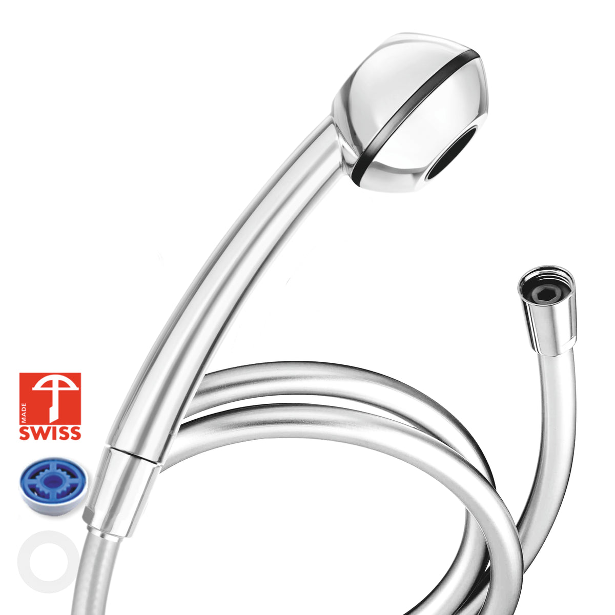 Duschkopf SwissClma, Ecoverchromt mit textilverstärktem Kunststoff-Schlauch, Regler und Armbrust-SwissMade Label