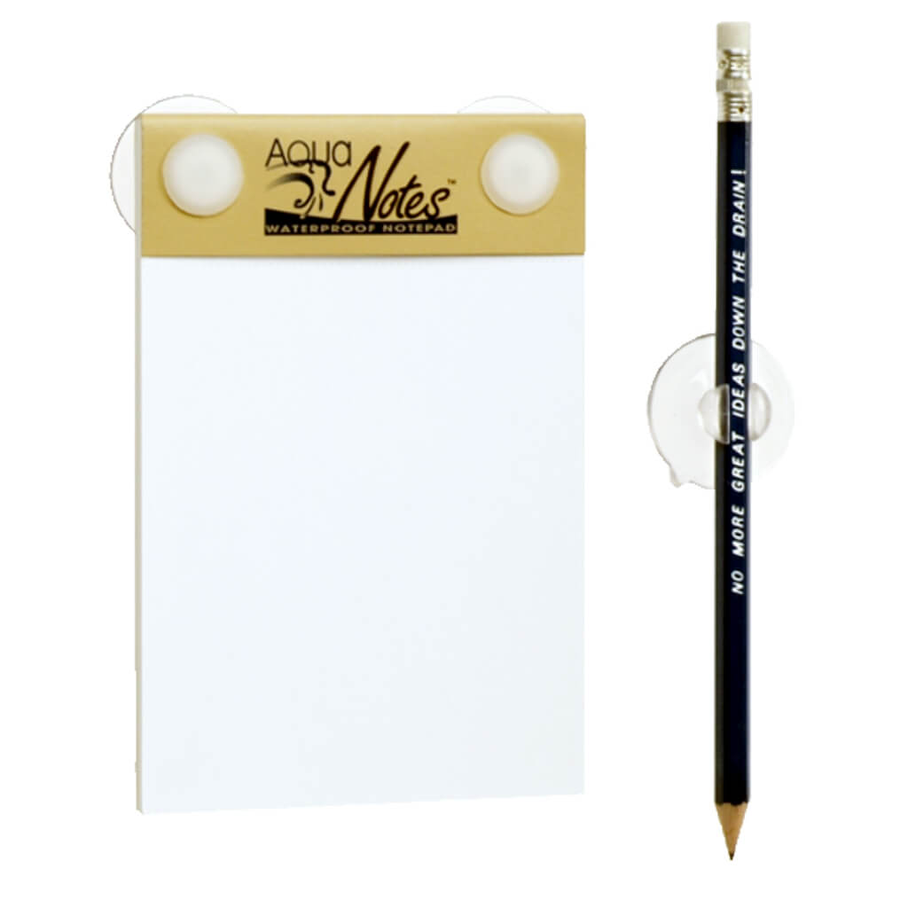 AquaNotes – Wasserfester Notizblock, mit Stift in Saugnapf-Halterung