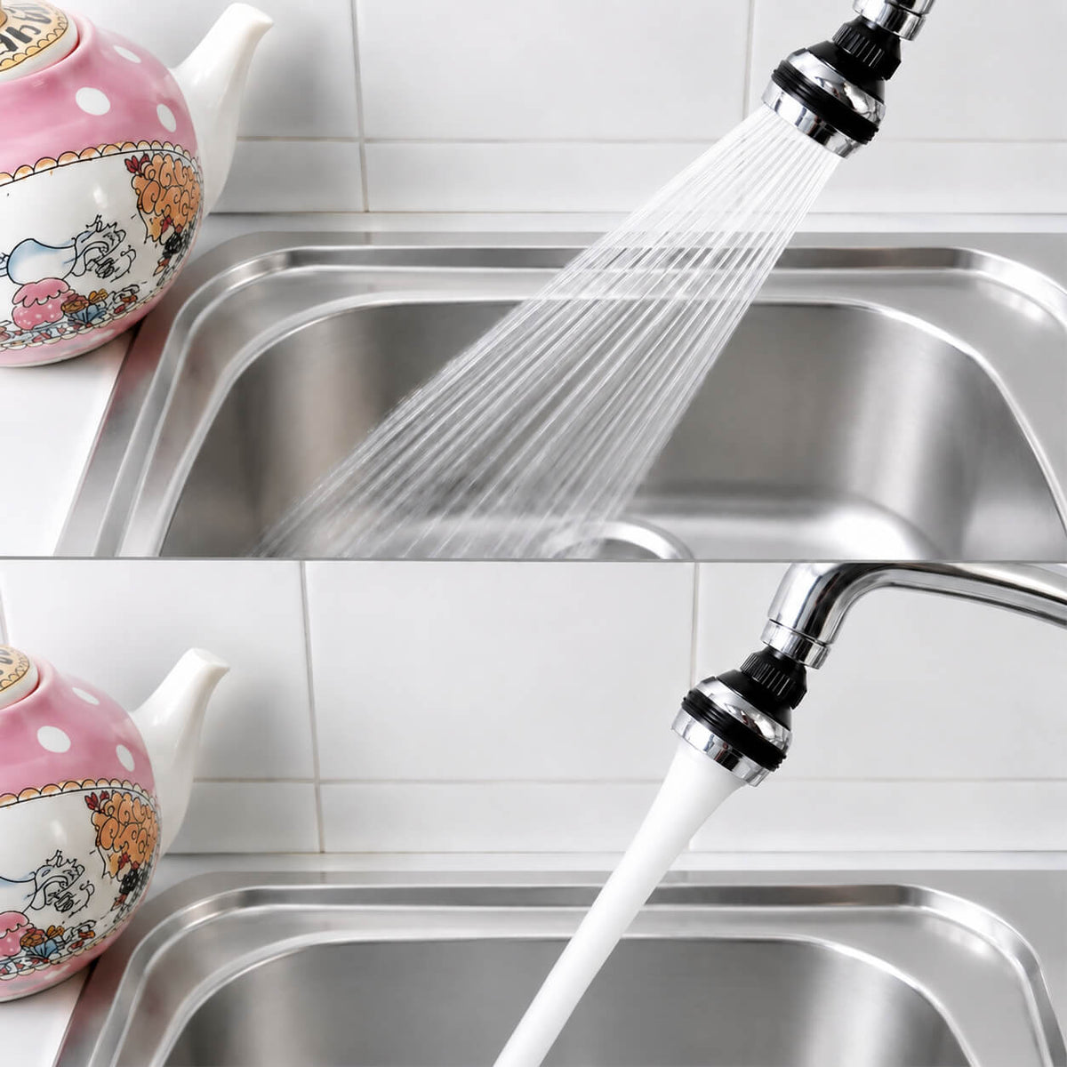 Spumante-Küchenspray in einem Edelstahlbecken zeigt die zwei Strahlarten untereinander