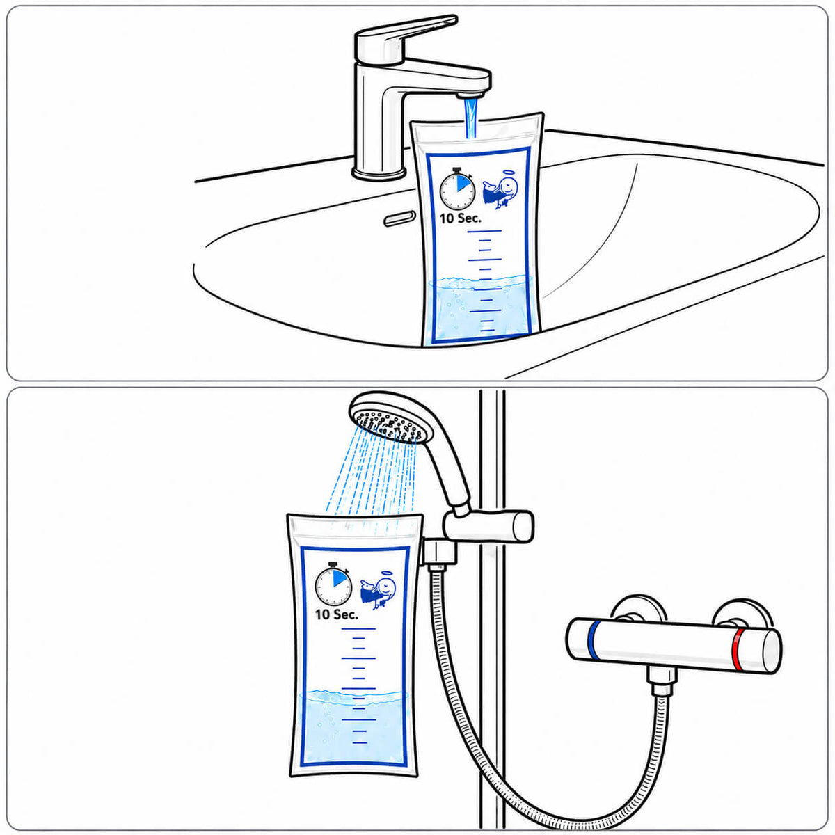 AquaClic-Messbeutel, Zeichnung mit einem Hahn und mit einer Dusche