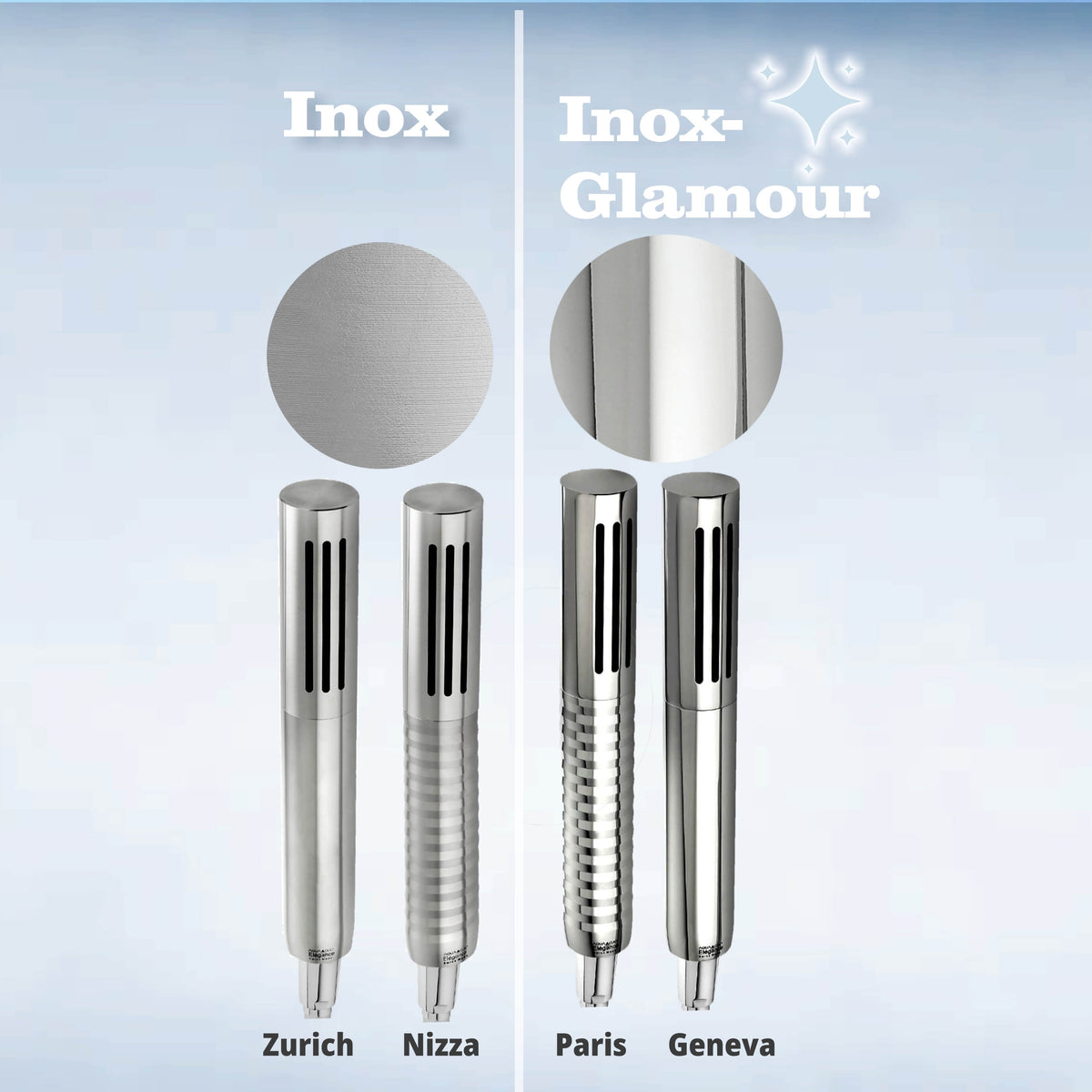 Die Elégance Deisgn- und Kneippbrause aus Edelstahl in 2 Designs unbehandelter Edelstahl und zwei Material-Finishes in hochglanzpolierter Version