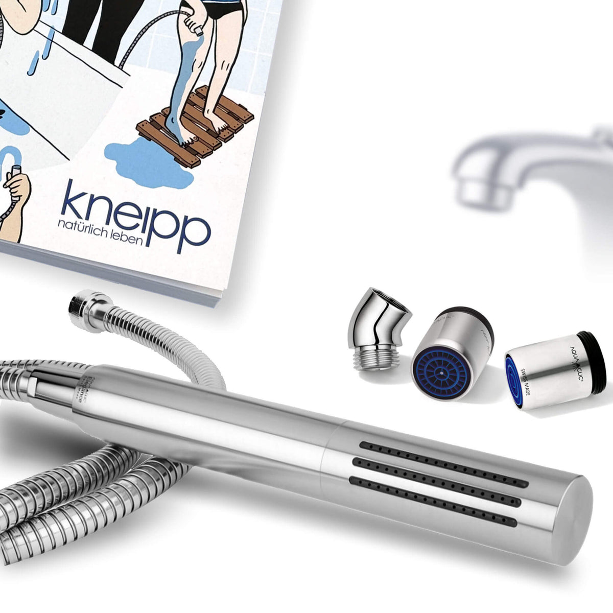 Kneipp-Set Premium: Kneippduschkopf. Kneipp-Buch und diversese Zubehör