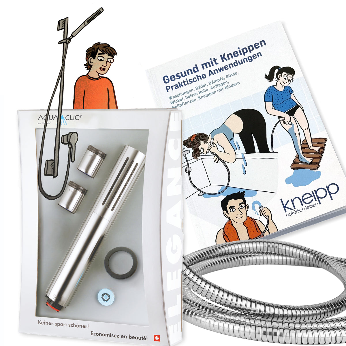 Elegance Premim Set: Kneippduschkopf, Kneippbuch, 2 Strahlregler für den Wasserhahn, Edelstahl-Duschkopf
