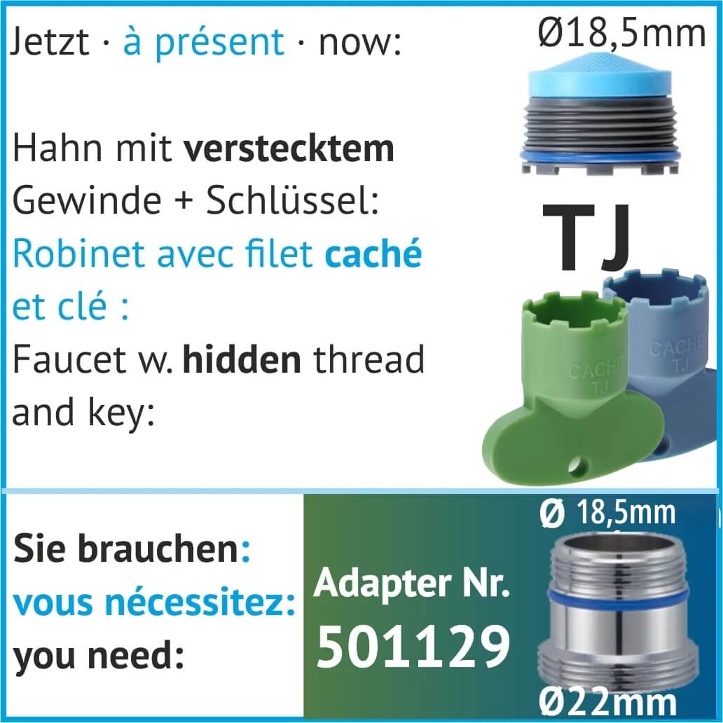 Spezialadapter für Hahn mit verstecktem Fein-Gewinde und Schlüssel, grün oder blau, Durchmesser 18,5 mm, Nr. 501129, TJ