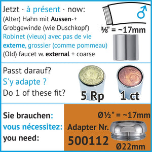Spezialadapter für Hahn mit A28 mm Durchmesserahn mit Aussengewinde 19 mm Durchmesser, 500605uu
