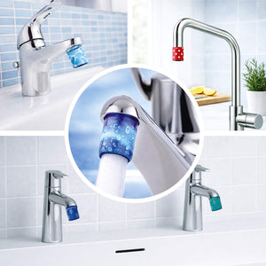 Farbige, wassersparende Messing-AquaClic-Strahlregler im Bad, am Küchenhahn, an einem Doppelwaschbecken und das beliebte Modelle Raindrops mit weichem, vollen Wasserstrah.