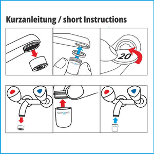 Kurz-Anleitung zur Montage des AquaClic Strahlreglers: Abschrauben des bestehenden Strahlreglers, AquaClic anschrauben, Adapter bei Bedarf entfernen