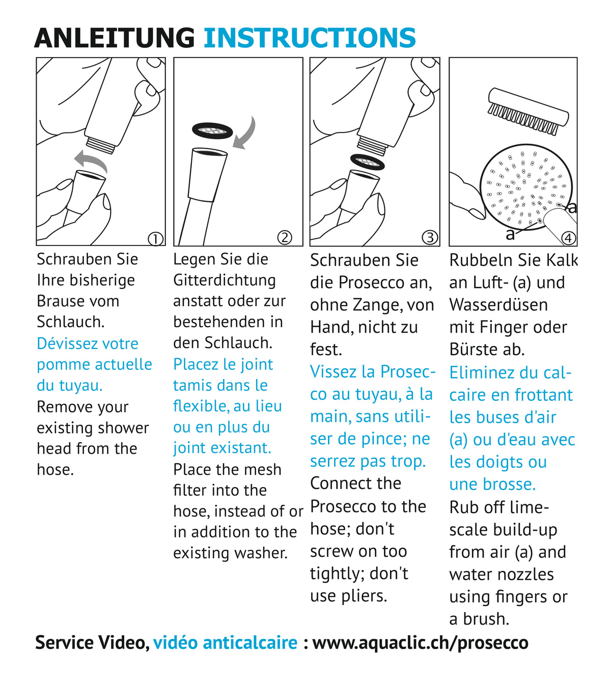 Montageanleitung AquaClic Prosecco Spar-Duschbrause – Schritt für Schritt mit Gitterdichtung, Anschrauben und Entkalkung