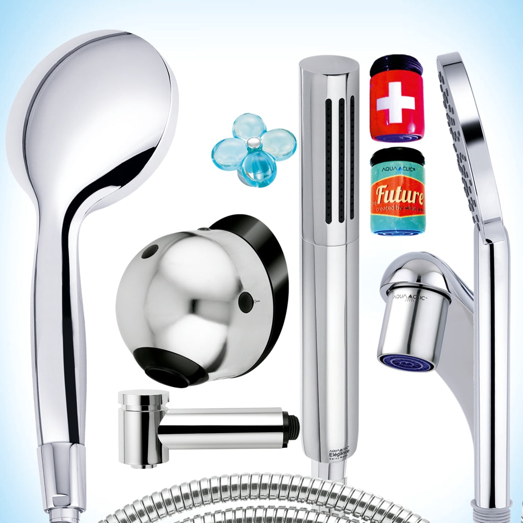 von links: AquaClic
Sparbrause Variete, Edelstahl-Brauseschlauch, Küchenbrause Mini, Wandbrause Publique, Griff der Küchenarmatur Fleur, Elegance Kneipp-Brause und Giessrohr, AquaClic-Strahlregler für den Wasserhahn in Farbe und Edelstahl, Handbrause wassersparend Prosecco