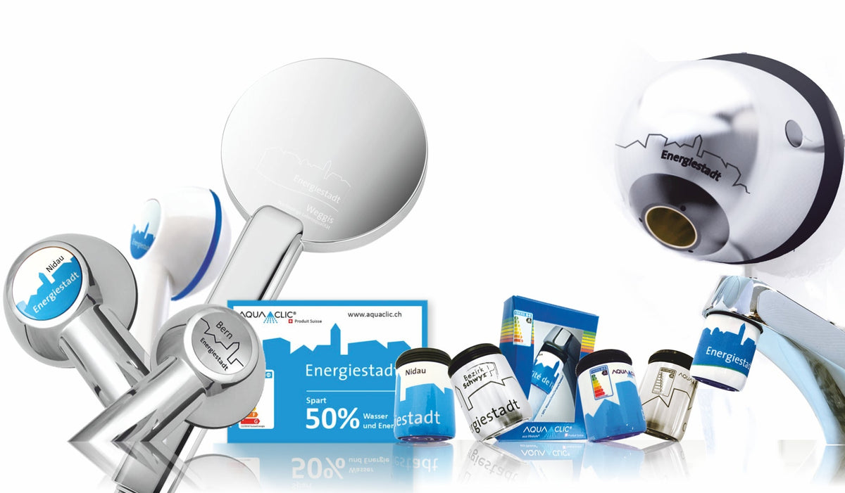 individuelle Energiestadt-AquaClic-Produkte: Strahlregler, Handbrausen, Wandbrausen, Edelstahl und Messing