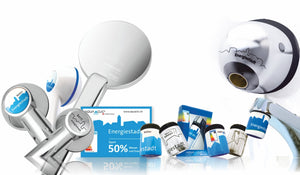 individuelle Energiestadt-AquaClic-Produkte: Strahlregler, Handbrausen, Wandbrausen, Edelstahl und Messing