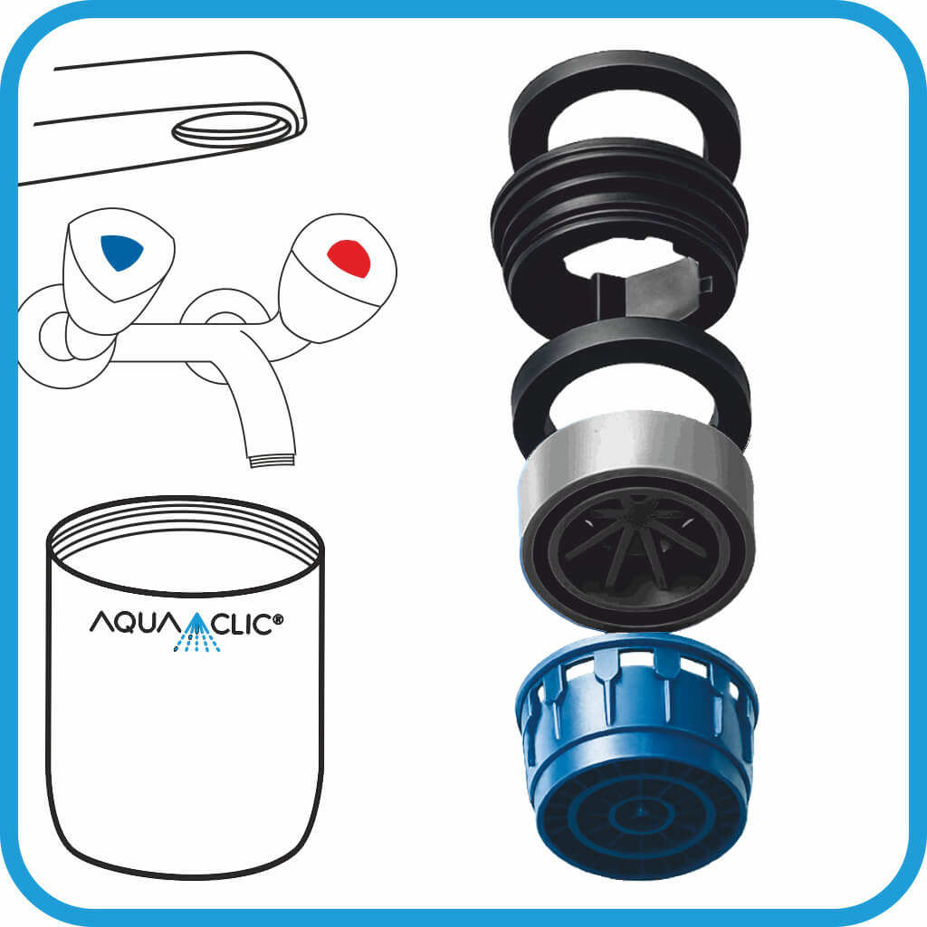 Einzelteile des AquaClic-Strahlreglers Adapter mit Dichtung, Mengenregler, Wasseraustrittsdüse