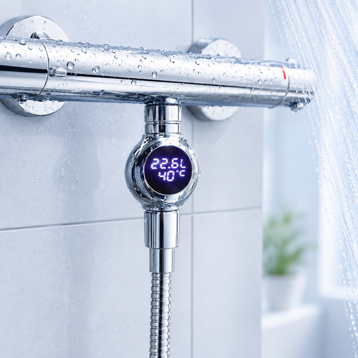 elektronisches Messgerät Conrol misst Wasserverbrauch und Temperatur bei der Dusche
