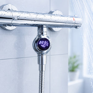 elektronisches Messgerät Conrol misst Wasserverbrauch und Temperatur bei der Dusche